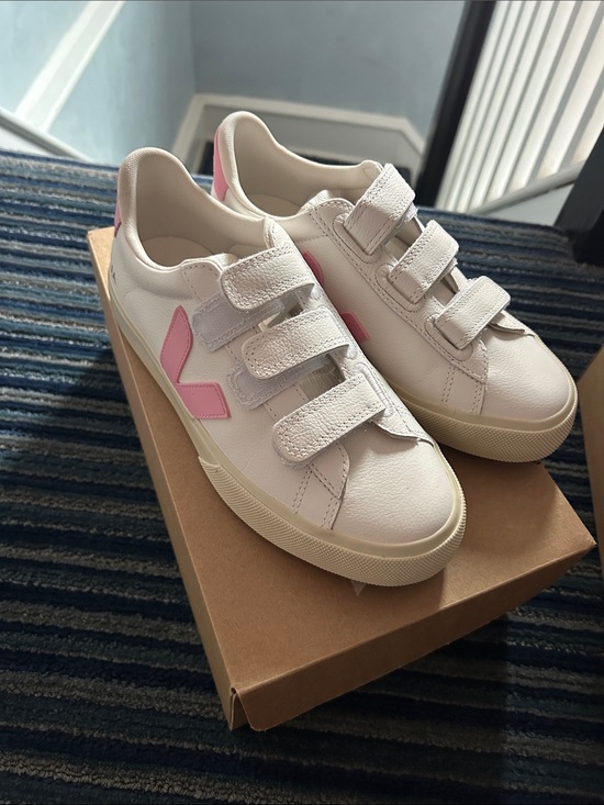 Veja Shoes - NIB Veja White Sneakers with Pink V Logo and Velcro Straps size us 6